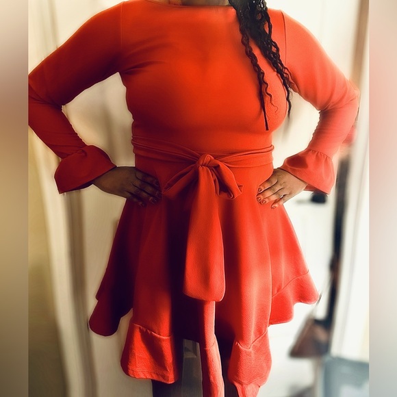 Rebdolls "Special Edition" Bell Sleeve Ruffled Tie Front Mini Dress-Rust Red - Picture 1 of 2